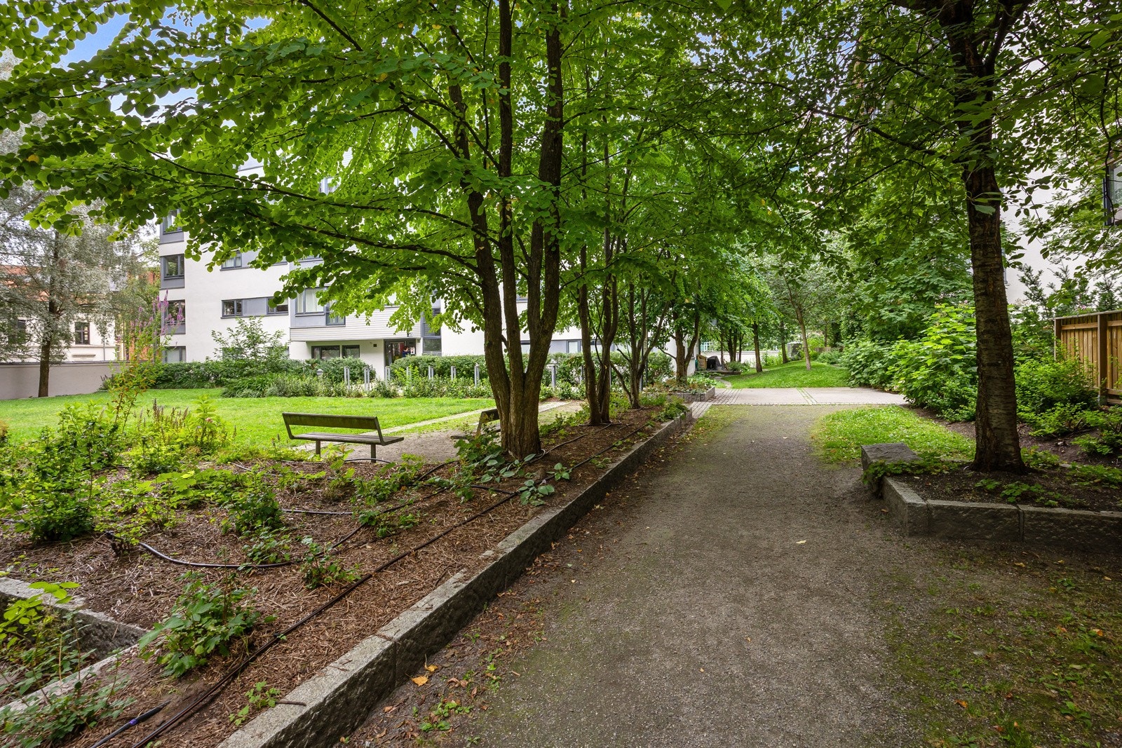 Byggene ligger skjermet i en grønn hageoase, men har en urban og svært sentral plassering nær trikk, buss og dagligvare. Galleribilde