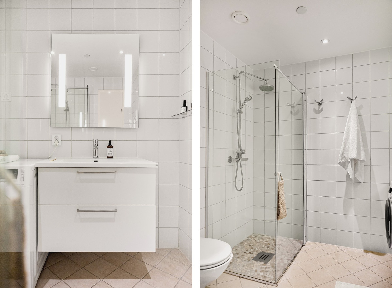 På badet er det baderomsinnredning, vegghengt toalett, dusj m/glassdører og opplegg for vaskemaskin. Galleribilde