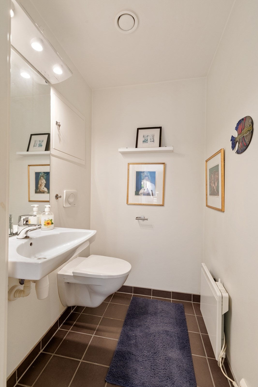 Rommet har fliser på gulv, malte overflater på vegger og himling. Innredet med servant og vegghengt toalett med innebygd sisterne. Galleribilde