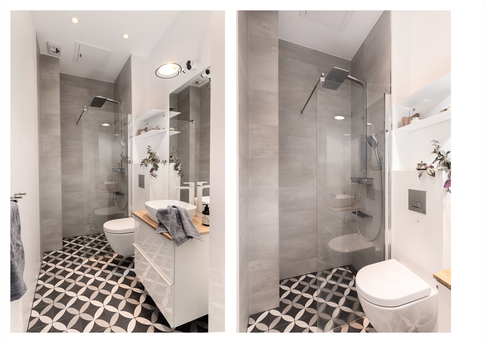 I enden av rommet er det en romslig dusjnisje bak en glassvegg, med både regnfalldusj og hånddusj. Galleribilde