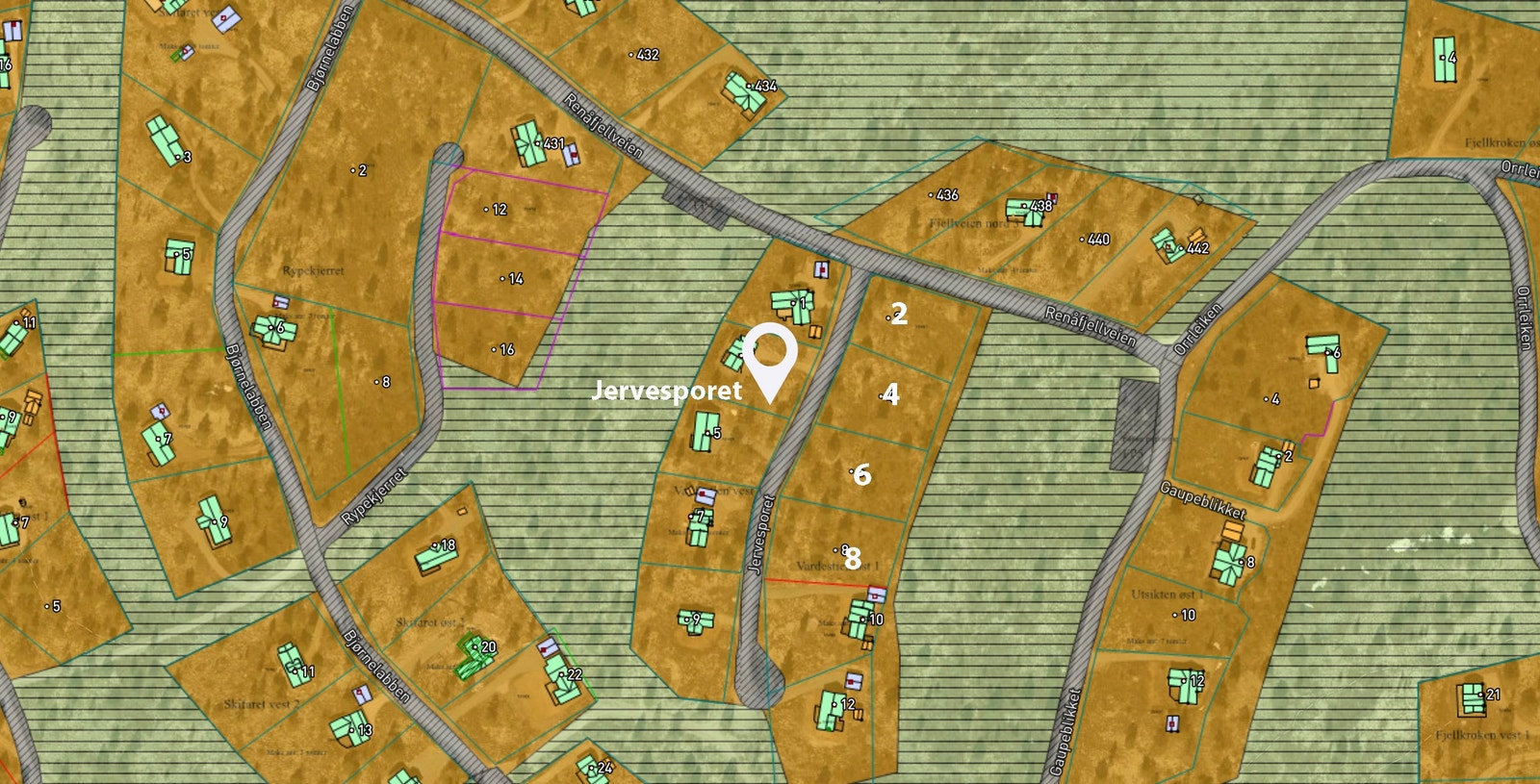 Tomtene i Jervesporet ligger øst for og parallellt med Bjørnelabben 12, 14 og 16 Galleribilde