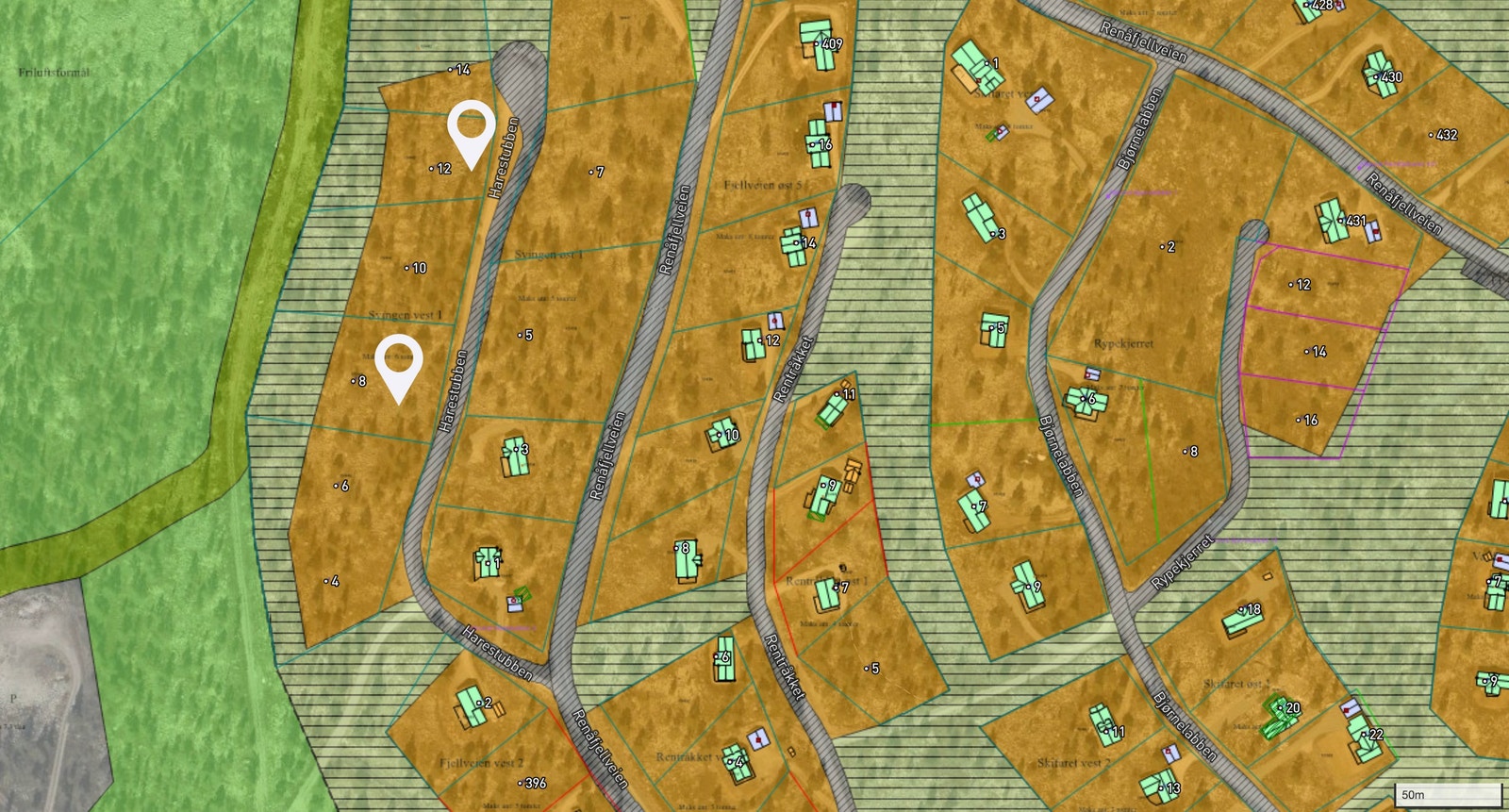 Harestubben 8 og 12 grenser mot grøntareal i vest Galleribilde