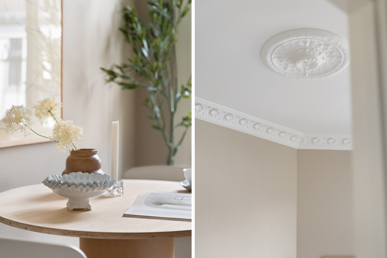 Klassiske elementer som stukkatur og rosetter gir leiligheten et tidløst preg Galleribilde