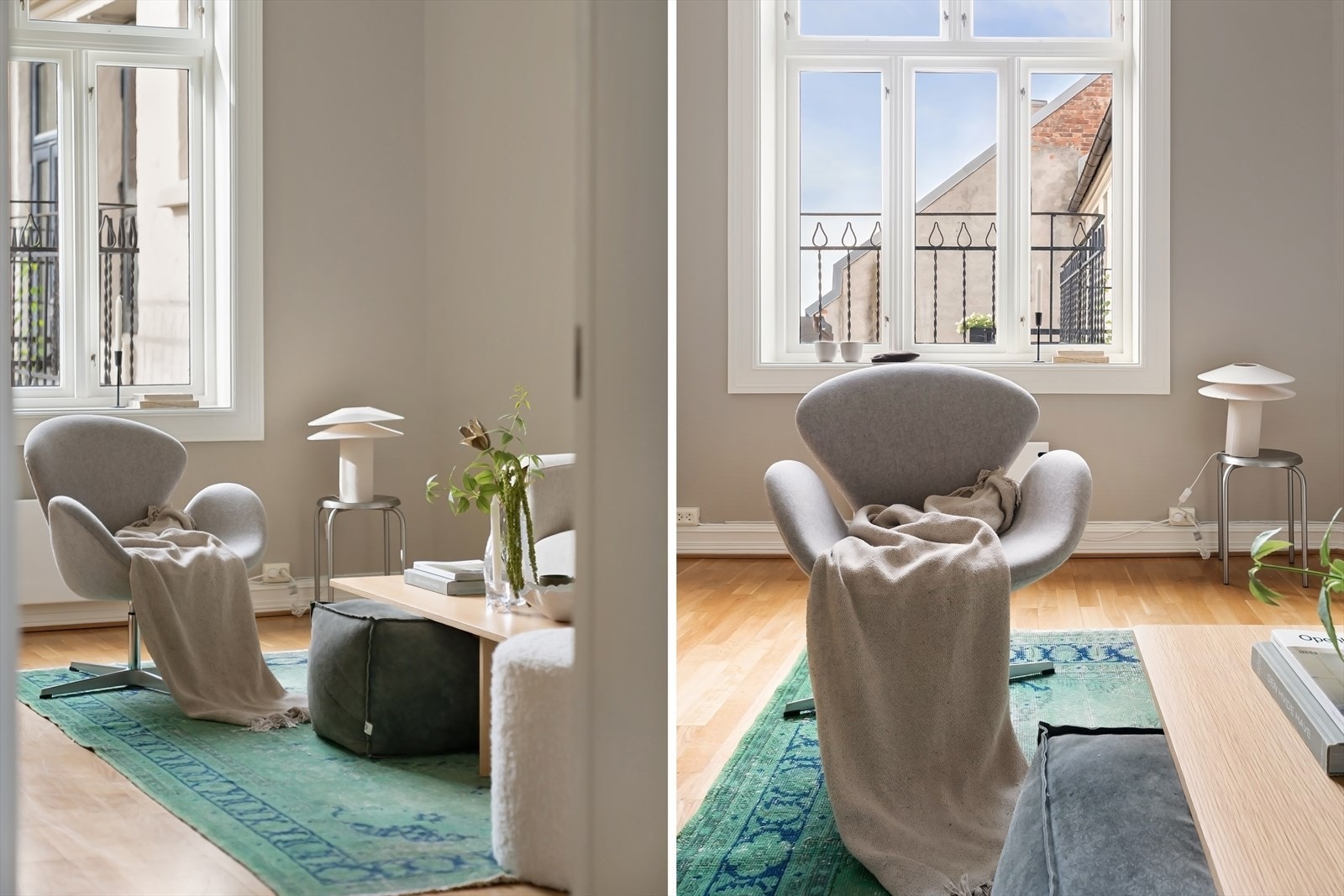 Stuen har et stort vindu som slipper inn rikelig med dagslys og gir en lys atmosfære Galleribilde