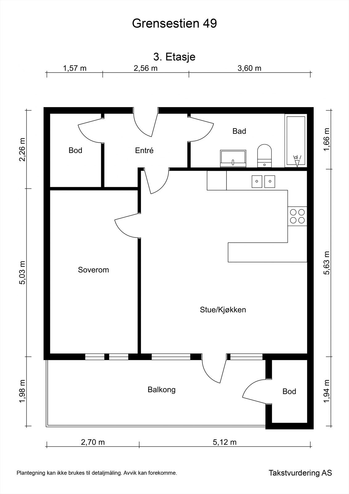 Målsatt planskisse - Grensestien 49 - 3. etasje Galleribilde
