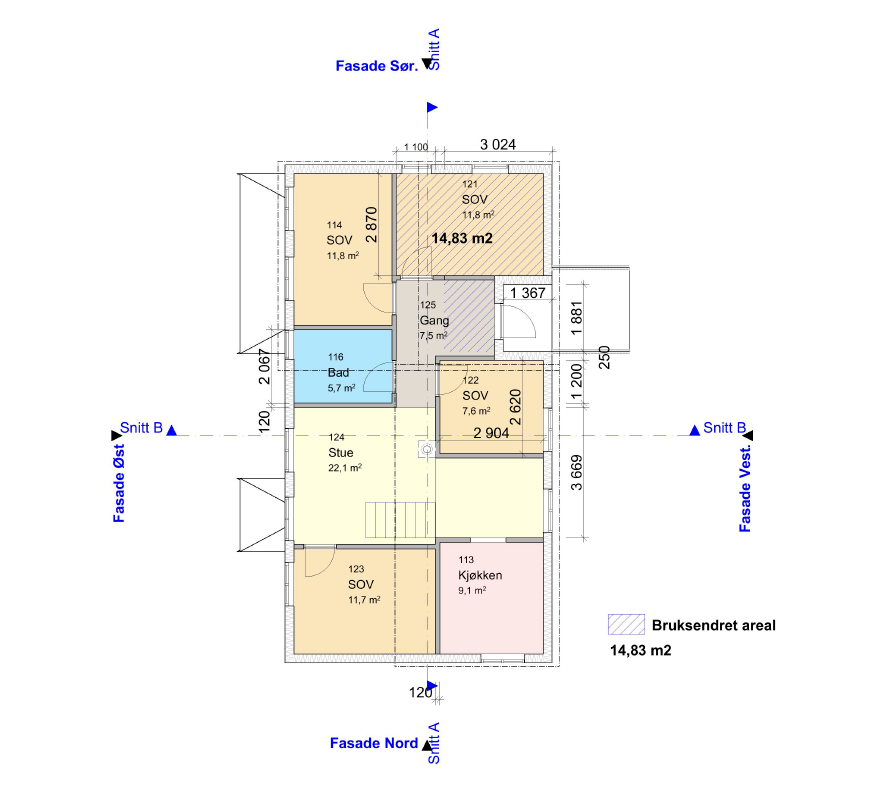 Plantegning fra 1. etg fra byggesøknad fra 2022. Plantegningen avviker noe fra reell inndeling. Galleribilde