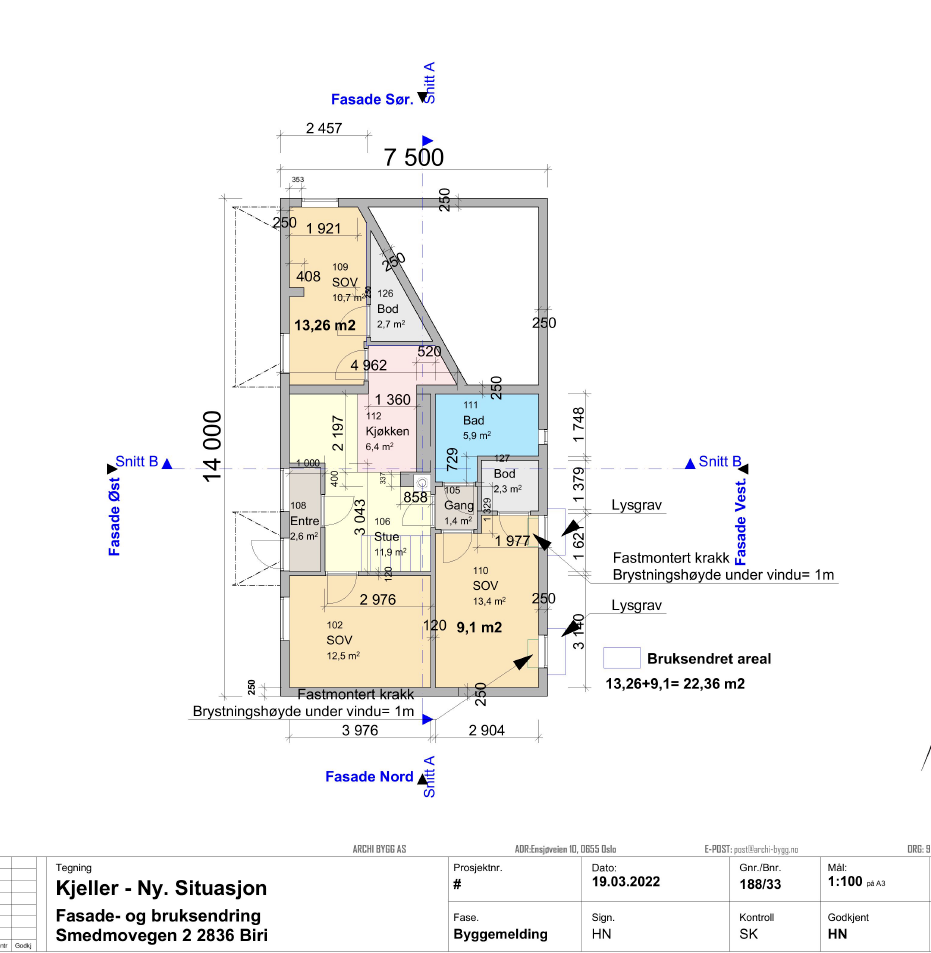 Plantegning fra kjeller fra byggesøknad fra 2022. Plantegningen avviker noe fra reell inndeling. Galleribilde