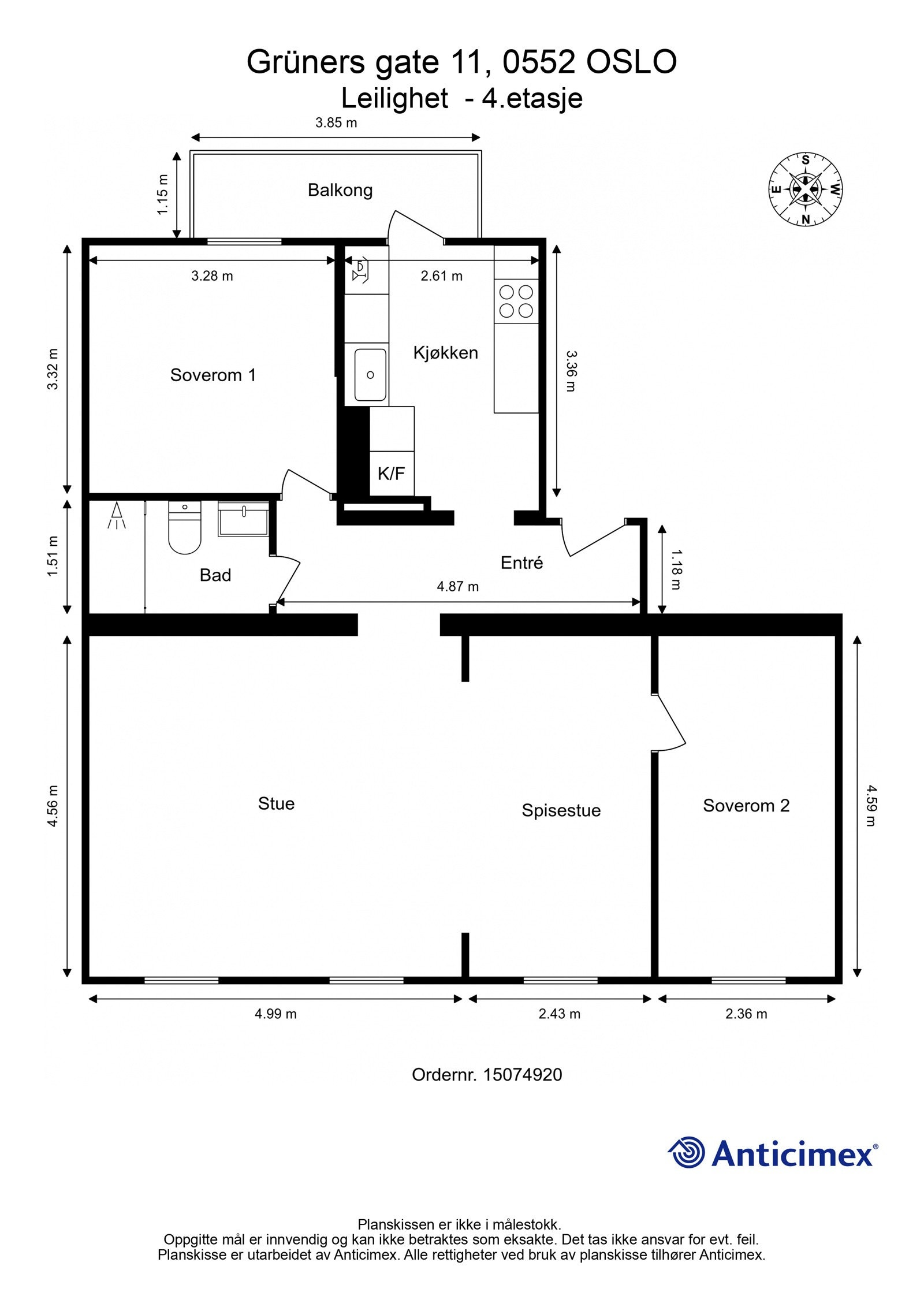 - Plantegning med mål Grüners gate 11, 4. etasje - Galleribilde