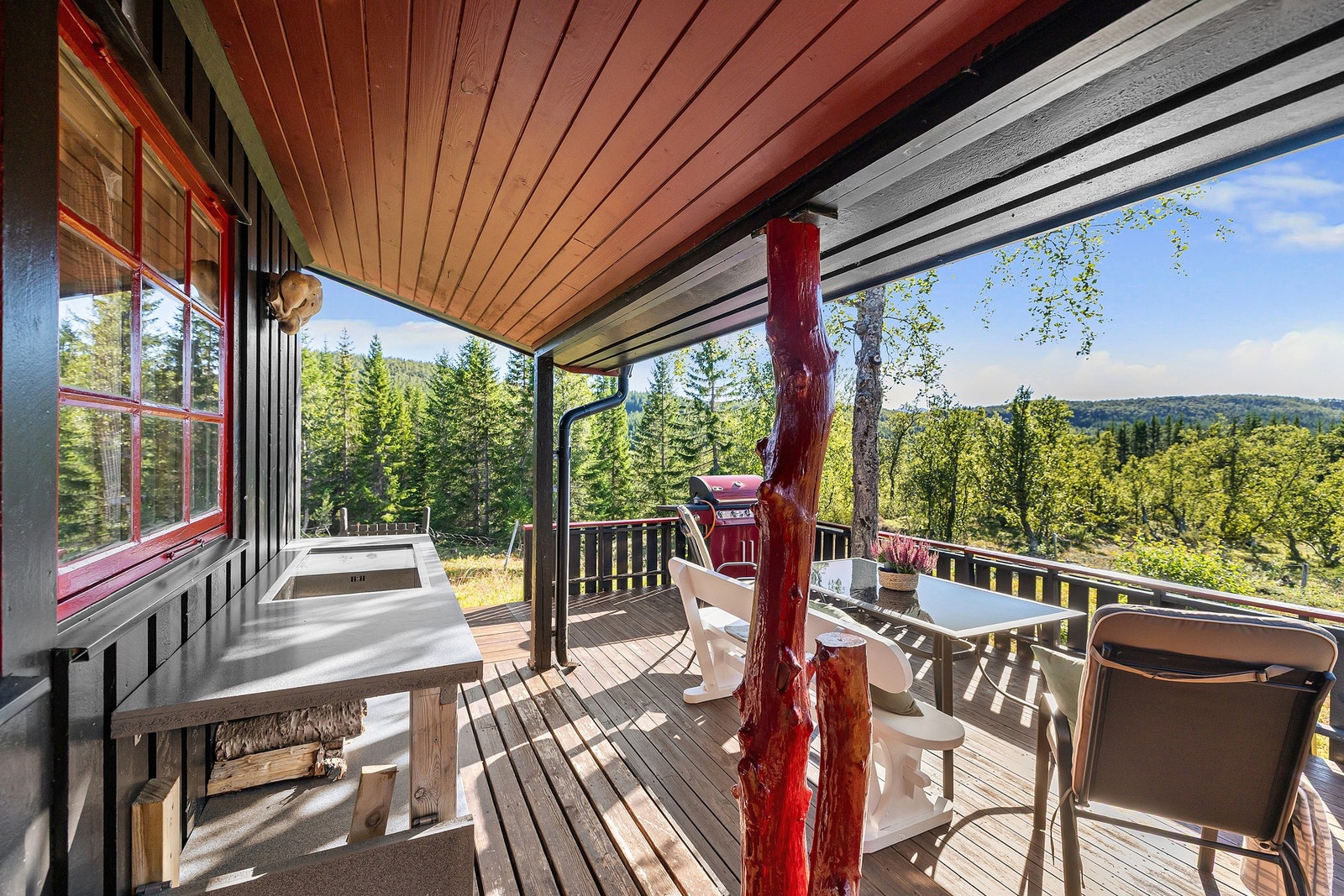 Takoverbygg over deler av terrassen gir fin plass for oppbevaring av ved Galleribilde