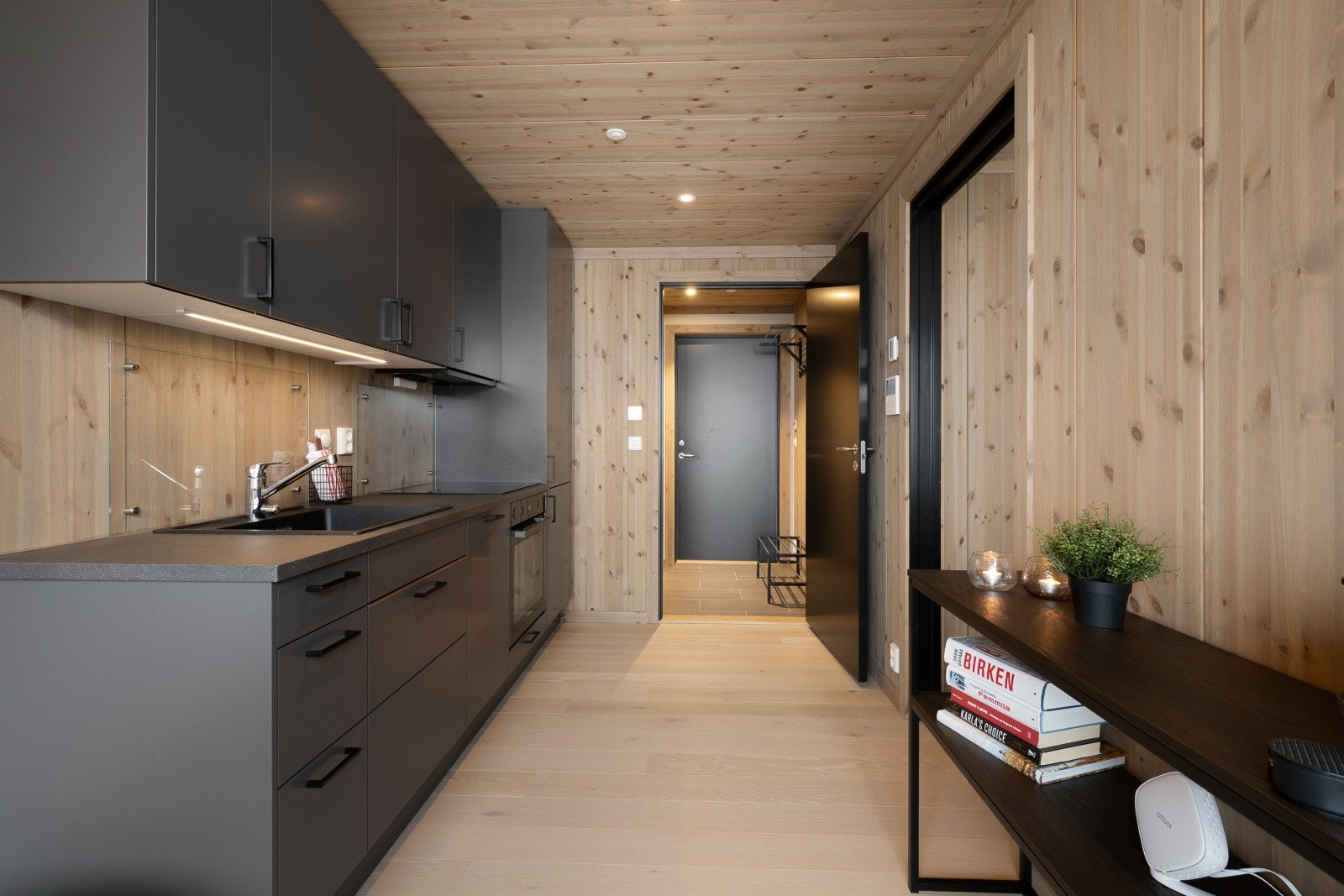 Mørk utførelse på fronter og benkeplate står i fin stil til øvrige detaljer i leiligheten. Galleribilde