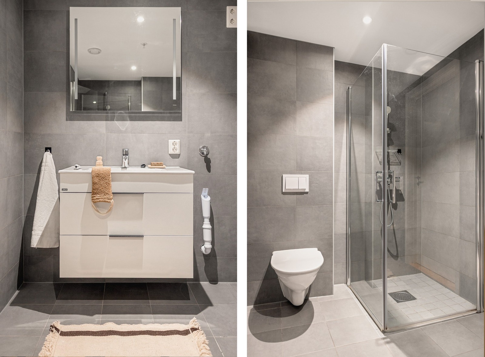 Det er innredet med vegghengt toalett, dusj med glassvegger og baderomsinnredning med servant, speil og belysning. Galleribilde