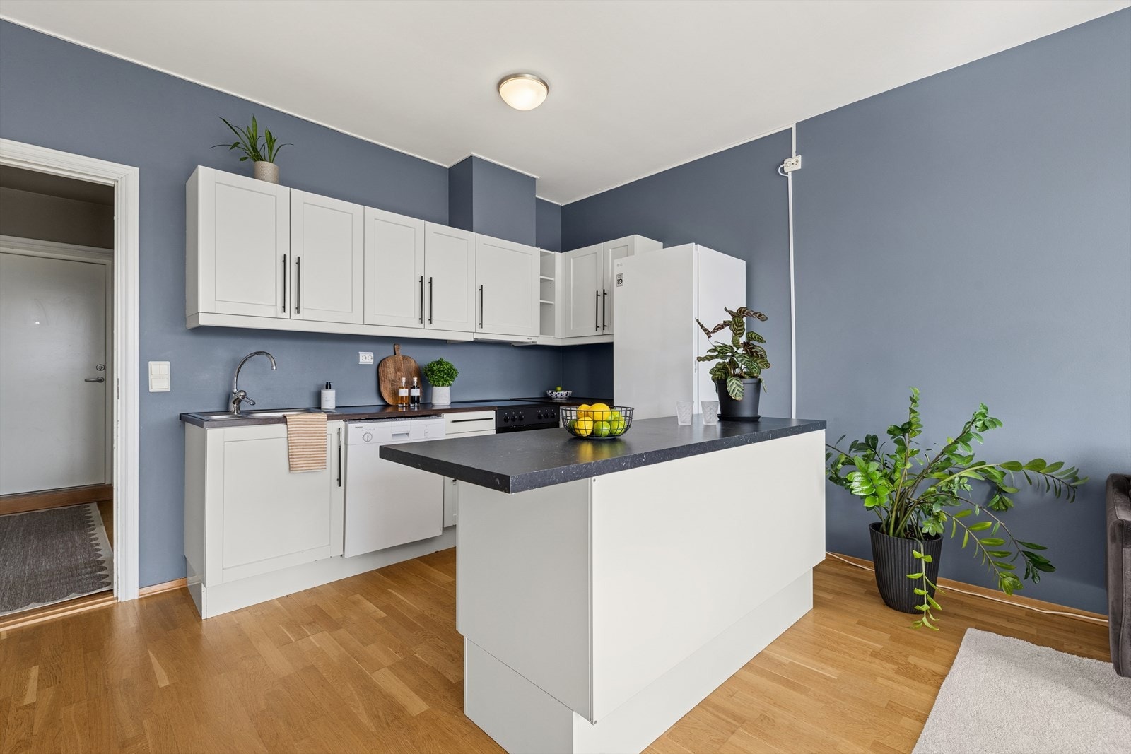 Kjøkkeninnredningen har avsatt plass til komfyr, oppvaskmaskin og kjøl/fryseskap. Galleribilde