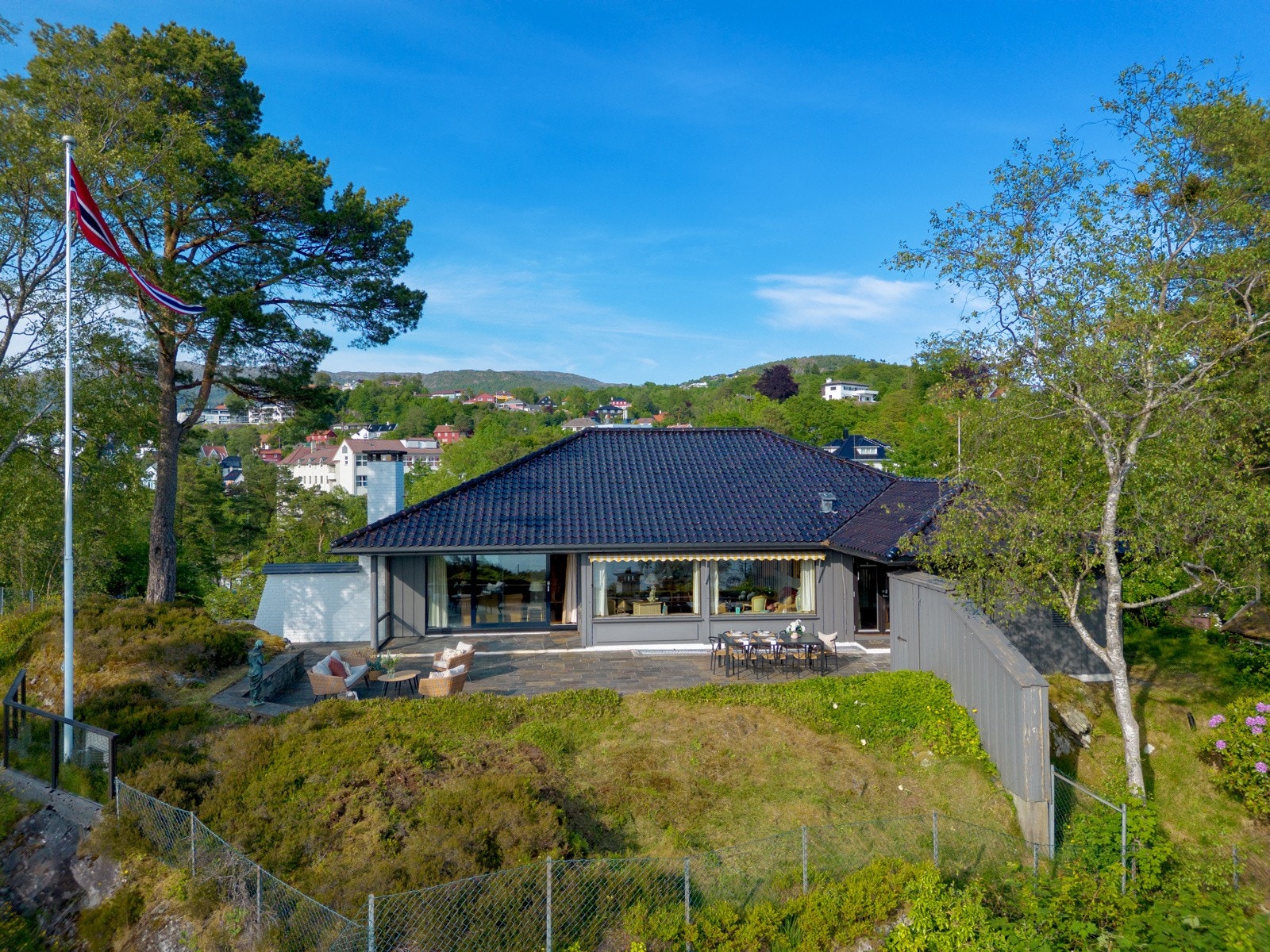 Hagen rundt huset er inngjerdet slik at den fungerer som egen hundegård om man har behov. Her kan hunden gå fritt i egen hage. Galleribilde