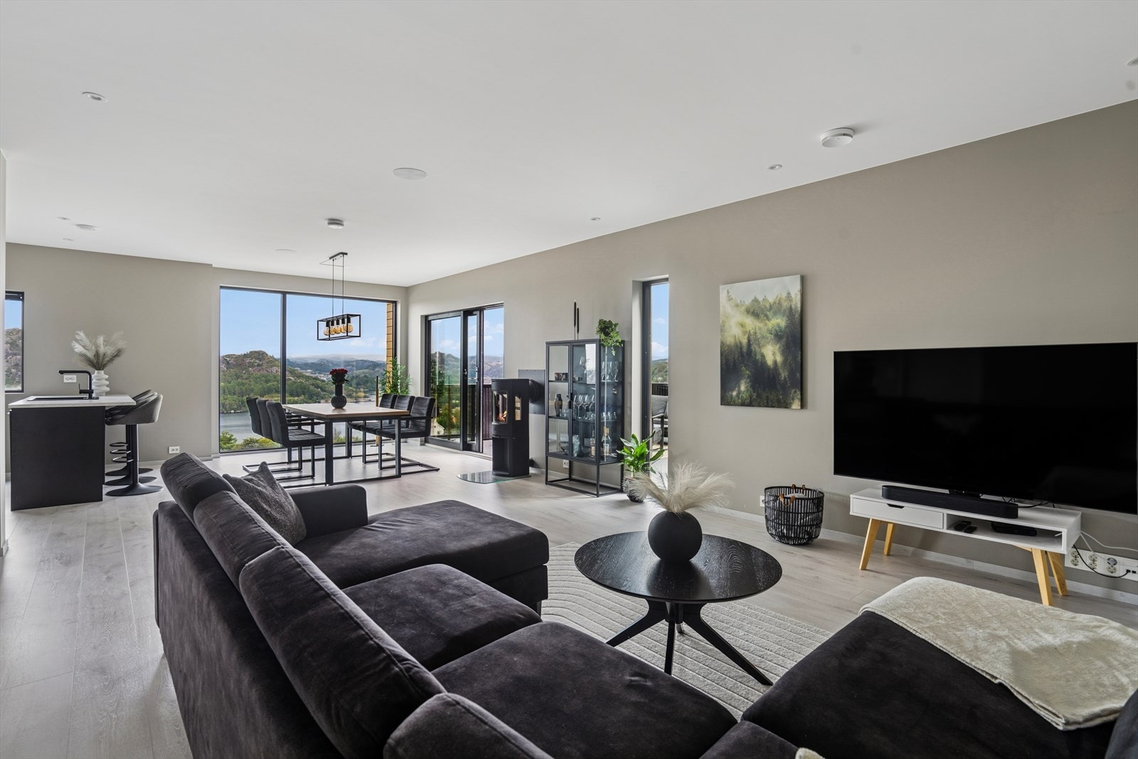 Oppholdsrommet har vegger malt i en delikat farge og gulvet er dekket med laminat. Galleribilde