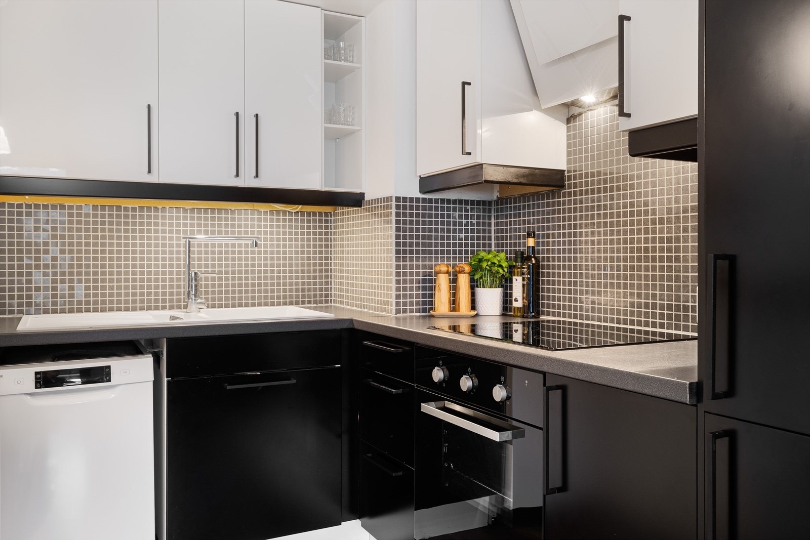 Stekeovn, platetopp og kjøleskap med fryser er integrert, mens det er plass for en smal frittstående oppvaskmaskin. Galleribilde