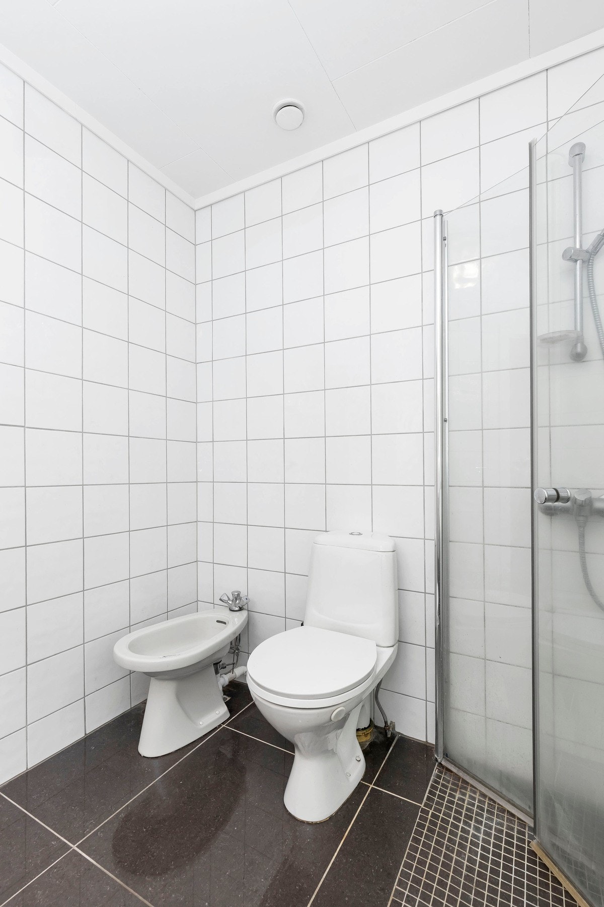 Her finner du vask med baderomsinnredning, toalett, bidet og dusjhjørne. Galleribilde