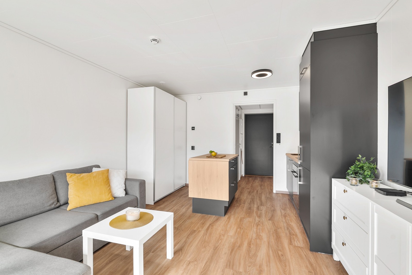 Trivelig stue med frittstående øy, plass til sovesofa/skapseng, bord og kommode. Garderobeskap medfølger. Galleribilde