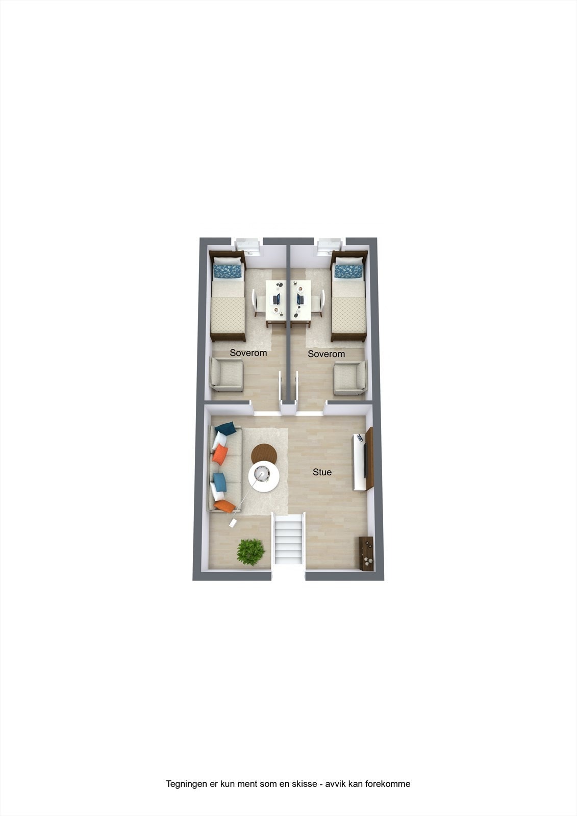 Det spesifiseres at rommene i loftetasjen ikke er godkjent soverom, grunnet lav takhøyde. (under 190 cm). Galleribilde