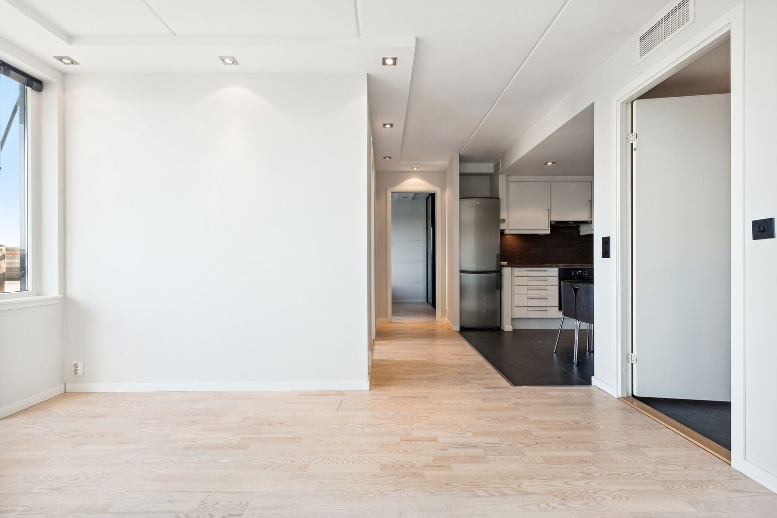 Stue med kjøkken og soverom i bakgrunnen Galleribilde