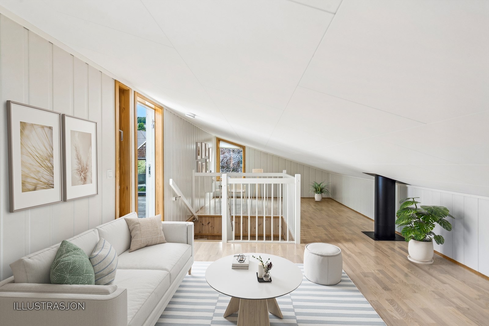 Loftstetasjen kan fungere som et område for avslapning med tilgang til takterasssen (digital møblering og oppussing
som eksempel). Galleribilde