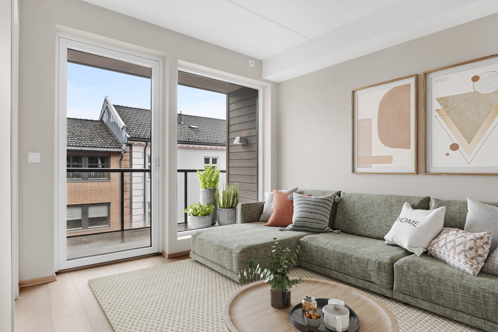 Stuen er luftig og innbydende med rikelig naturlig lys. (Bildet er digitalt stylet) Galleribilde