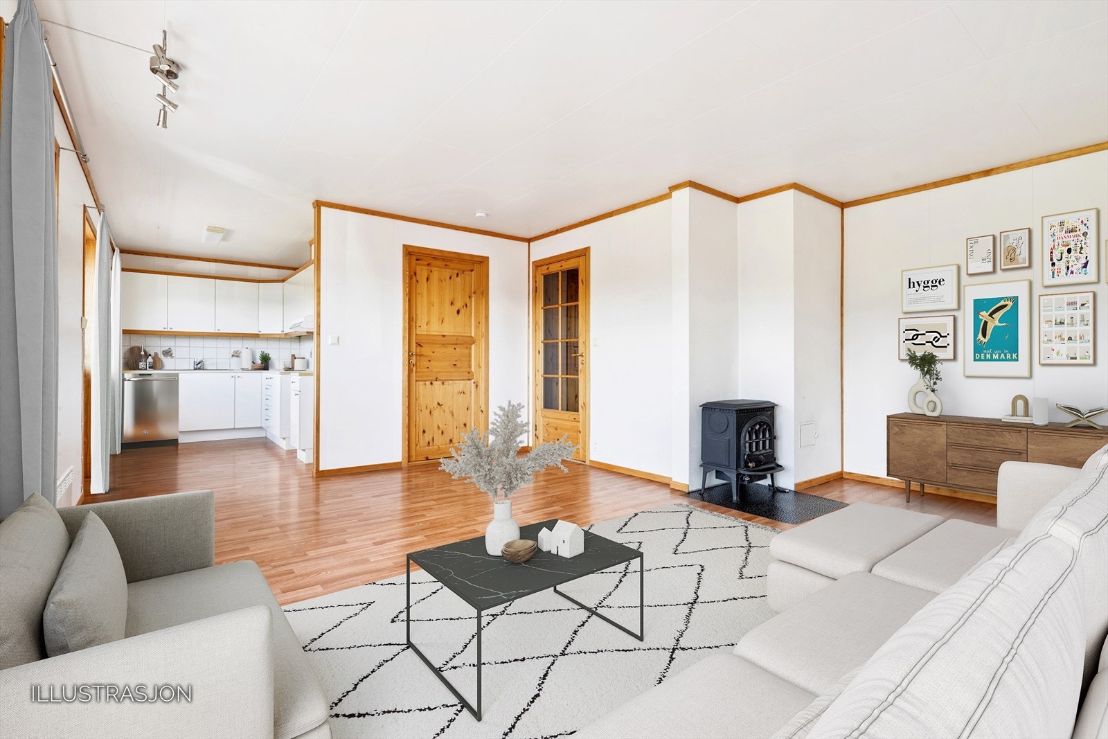 Her er det en praktisk åpen løsning mellom stuen og kjøkkenet Galleribilde