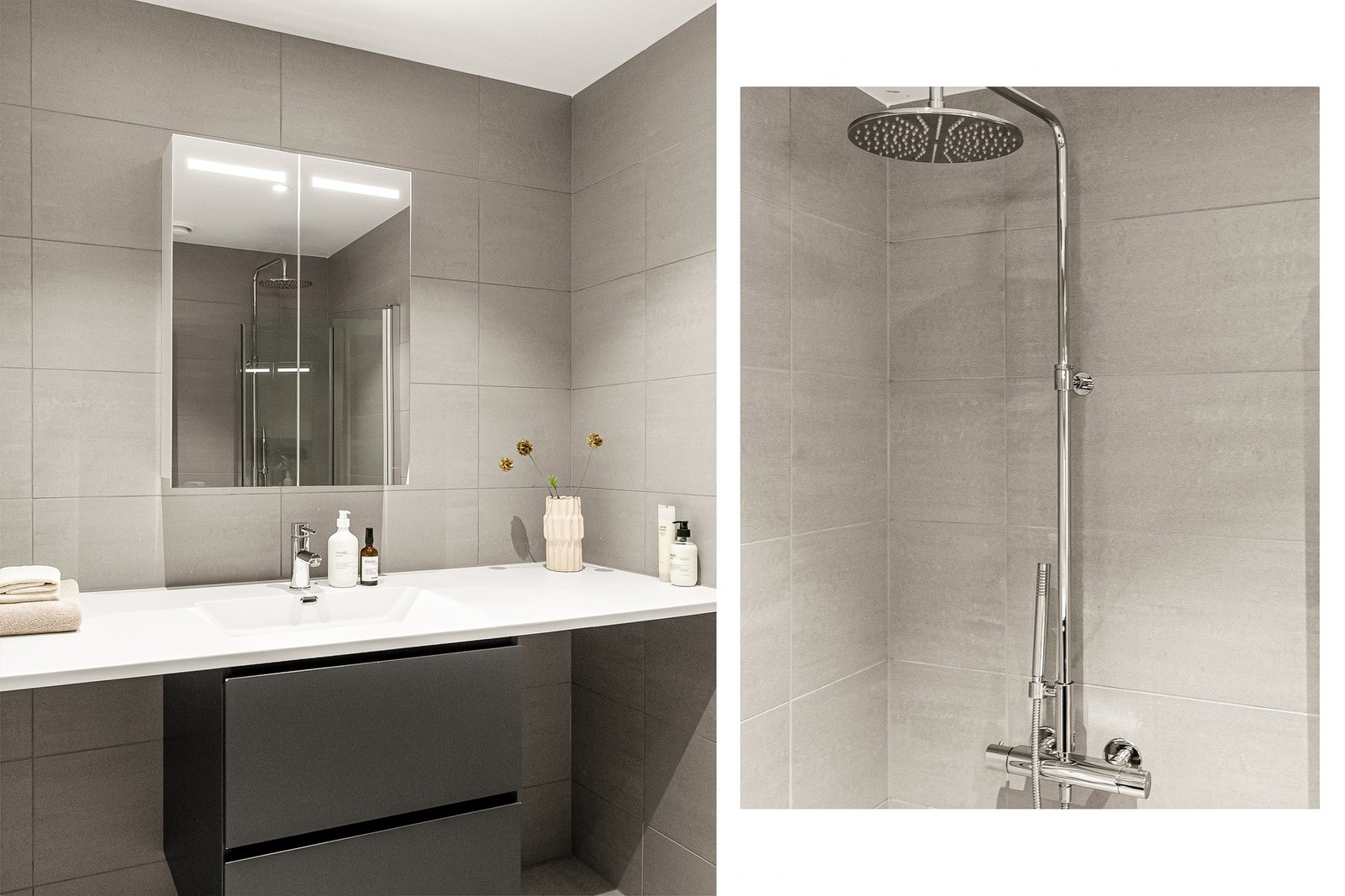 Badet har vannbåren varme, og opplegg for både vaskemaskin og tørketrommel. Galleribilde