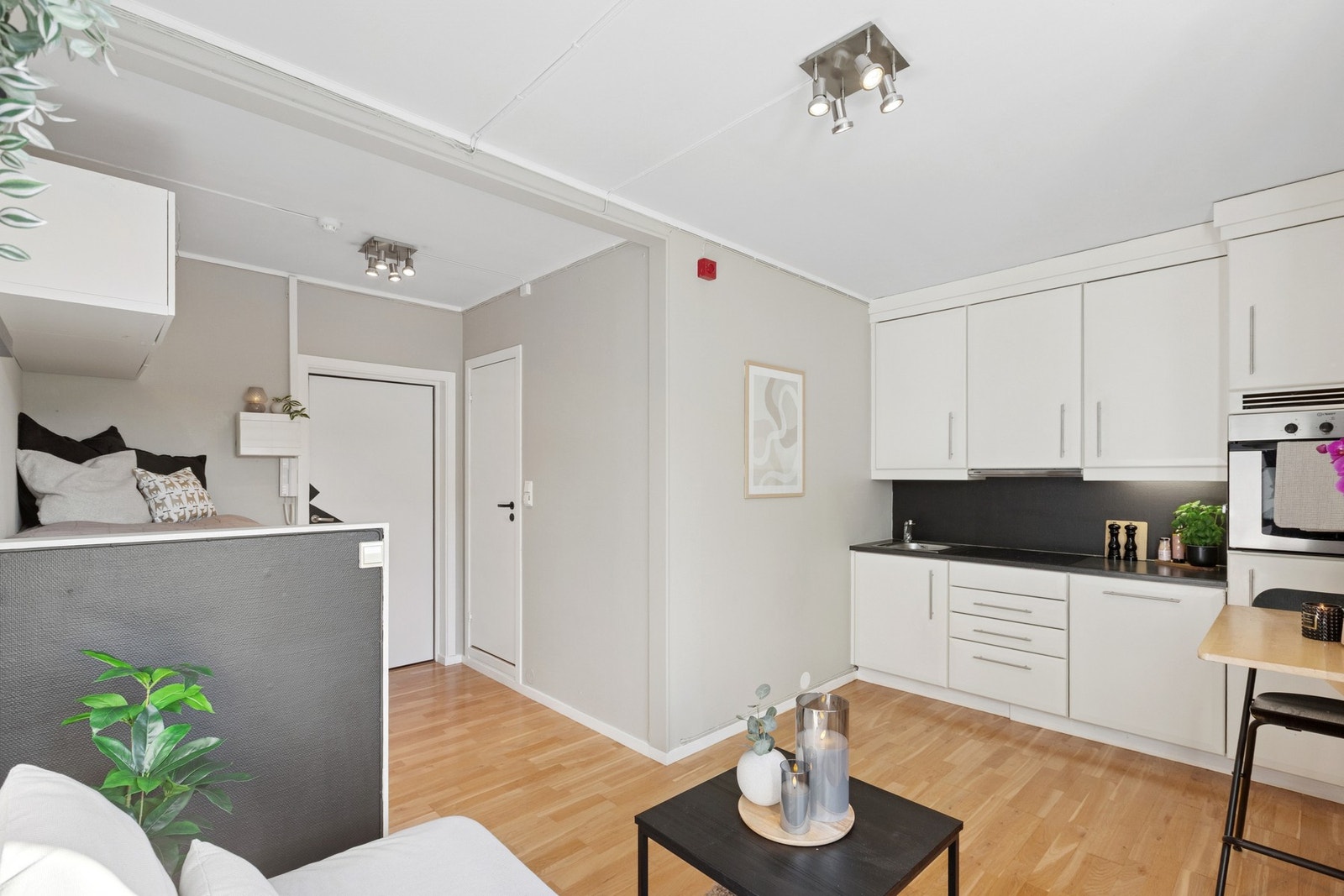 Stue, kjøkken og sovealkove måler totalt ca. 15,5 kvm. Galleribilde