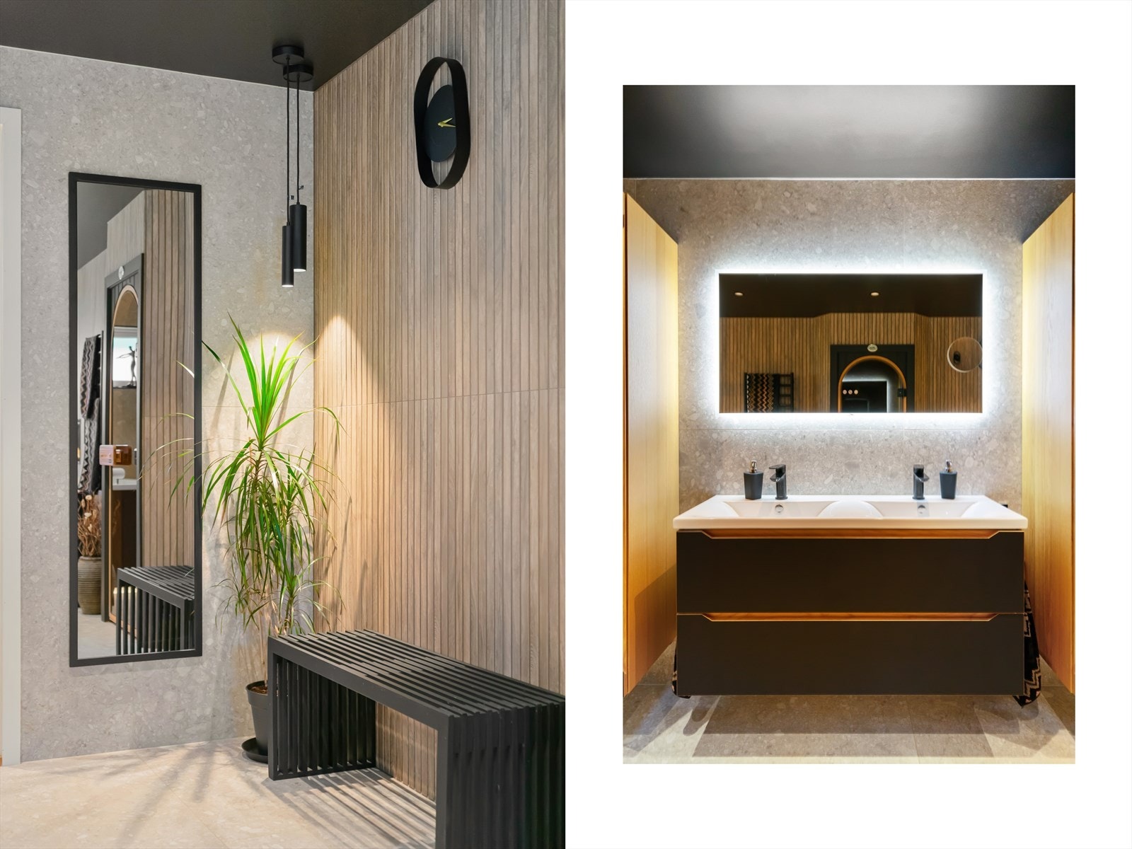 Romslig baderomsinnredning utstyrt med dobbel servant og skap på begge sider Galleribilde