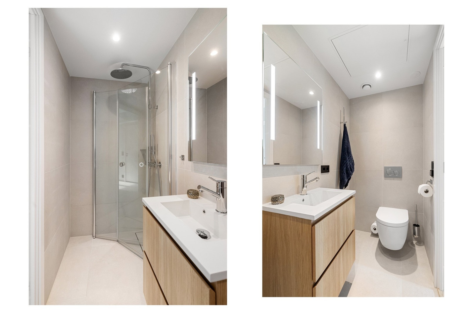 En praktisk håndkletørker tilfører ekstra komfort, og selger har valgt oppgradert baderomsinnredning som gir rommet et helhetlig og moderne preg. Galleribilde