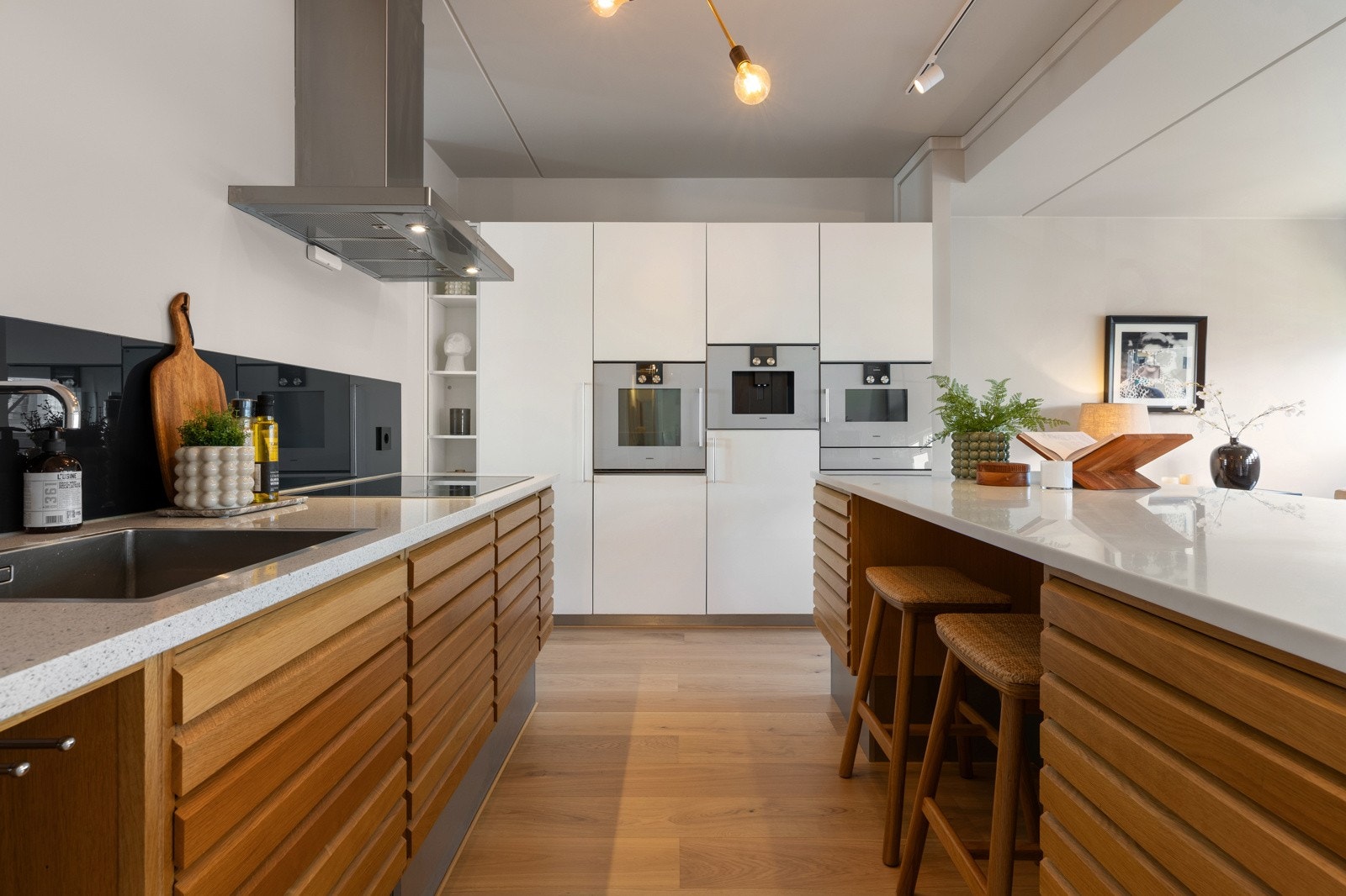 Innredningen av nedfelt kjøkkenvask med plateslått backsplash, integrerte hvitevarer og oppvaskmaskin, ventilator fra Villavent med utkast til felles anlegg Galleribilde