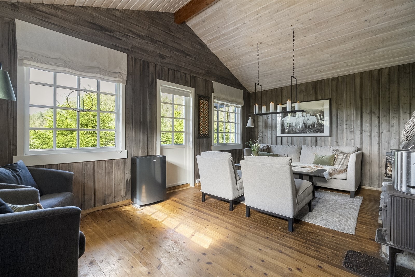 Stova har mønt himling med ekstra takhøgde - det er også adkomst ut på terrassen i framkant av hytta Galleribilde