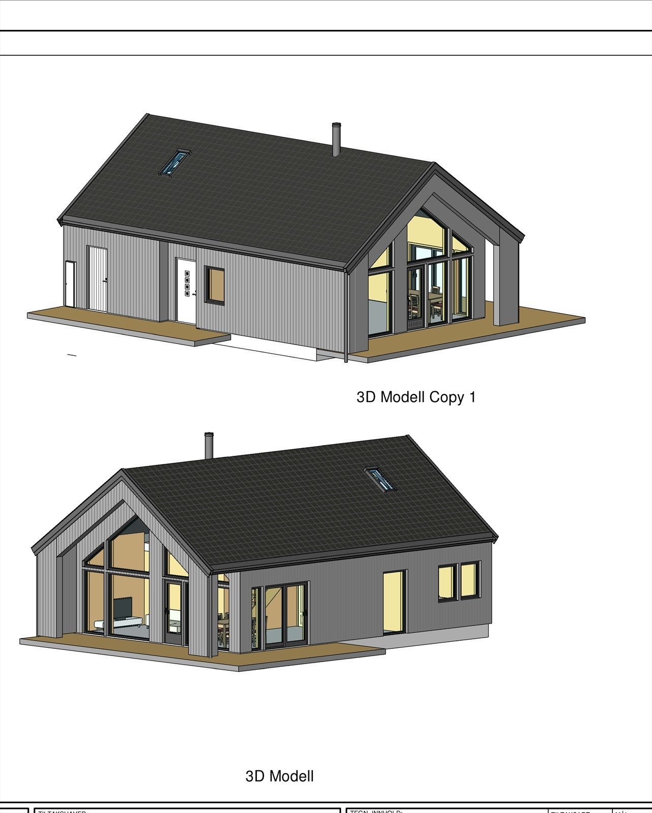 3D av omsøkt hytte. Det er gitt byggetillatelse til hytte og uthus. Galleribilde
