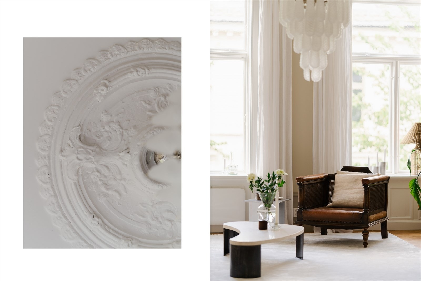 Stuen er preget av både stukkatur og rosett, sammen med en generøs takhøyde på 3,06 m Galleribilde