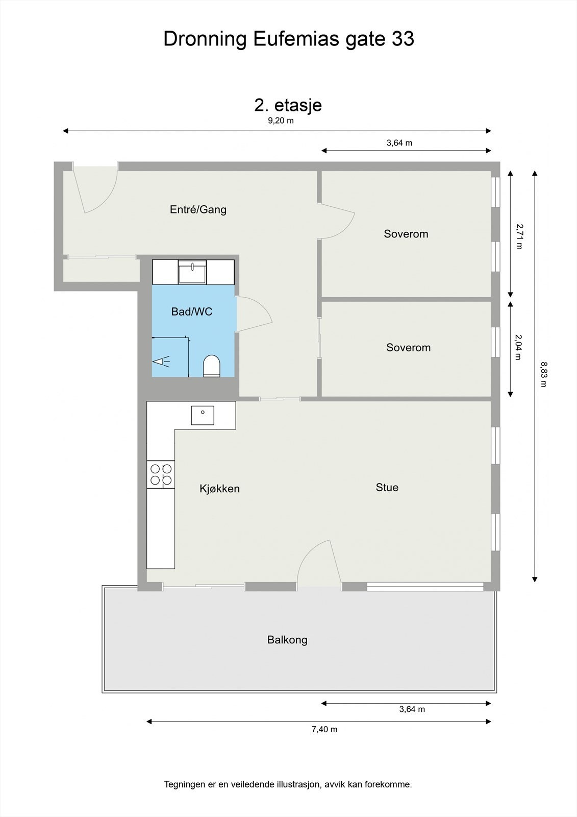 Leiligheten ligger i 2.etasje og har en praktisk planløsning som inneholder stur og kjøkken i åpen løsning med utgang til en stor balkong, baderom, 2 soverom og innbydende entrè. Galleribilde