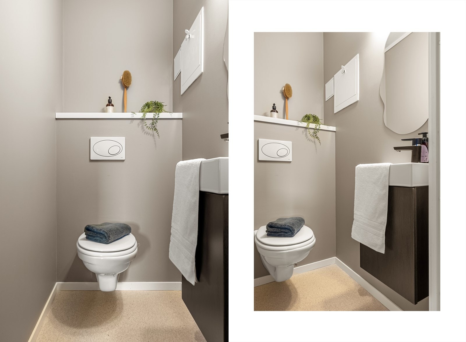 Leiligheten har et separat toalettrom som inneholder vegghengt toalett og baderomsmøbel med servant Galleribilde