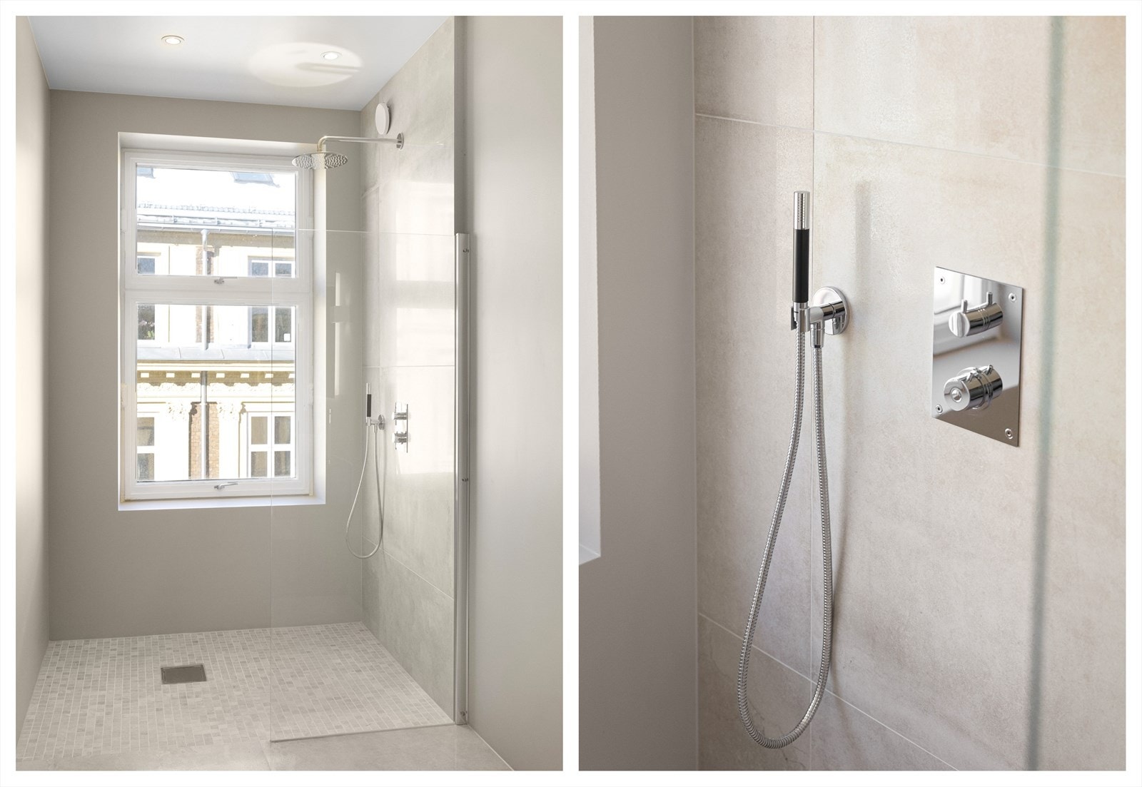 Et lekkert bad med gode materialvalg. En stor og luksuriøs dusjsone. Galleribilde