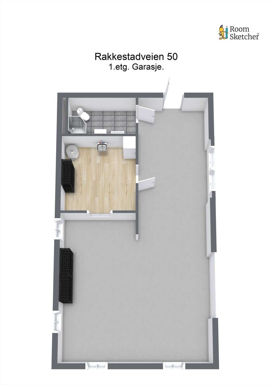 Plantegning 1. etasje garasje - innredede rom er ikke byggemeldt og godkjent av kommunen. Plantegning viser faktisk bruk og ikke lovlig bruk. Galleribilde