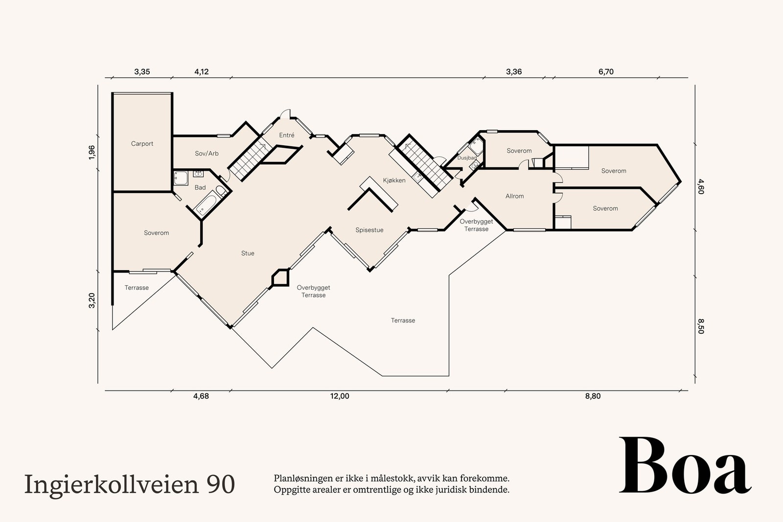 1. etasje: Entre m/trapp, 5 soverom, bad, dusjbad, allrom, bi-inngang m/trapp, kjøkken m/spiseplass, spisestue og stue.
Fra stue, spisestue og ved gangen ved kjøkken er det i alt 4 utganger til terrasse. Terrassen er på i alt ca 95 m², hvorav ca 28 m² er Galleribilde