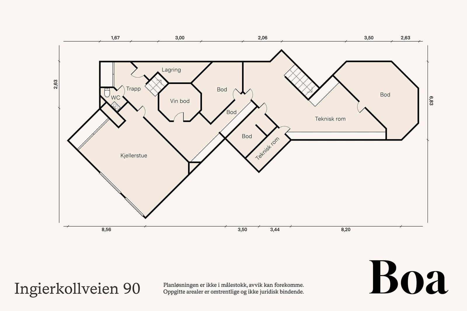Kjeller:
Trappegang, bod under trapp, separat toalett, kjellerstue, dusjbad, 2 vinrom, teknisk rom m/trapp, teknisk rom basseng og 3 boder. Galleribilde