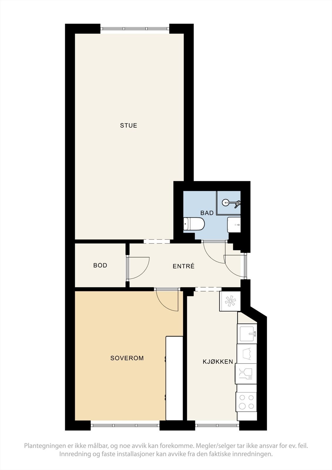 Planløsningen er meget effektiv der boligens 53 kvm er godt utnyttet. Lignende leiligheter i borettslaget har bygget om boligen til en 3-roms. Galleribilde