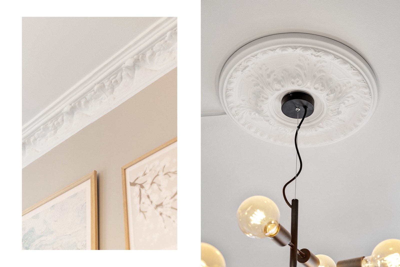 Stuen byr på klassiske detaljer som stukkaturlister og rosett i himling. Lamper medfølger ikke (men kan kjøpes). Galleribilde