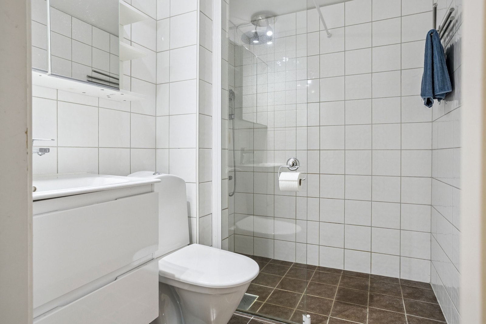 Flislagt baderom med romslig dusjområde Galleribilde