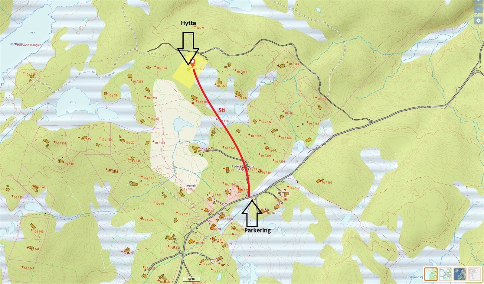 Sti til hytta fra felles biloppstillingsplass Galleribilde
