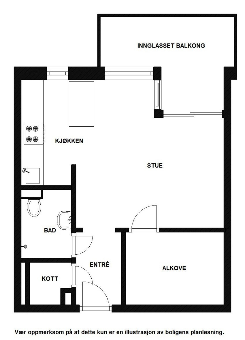 Planskisse. Leiligheten disponerer i tillegg loftsbod på 2,8 m² og bod på 2,6 m² i 1. etasje. Galleribilde