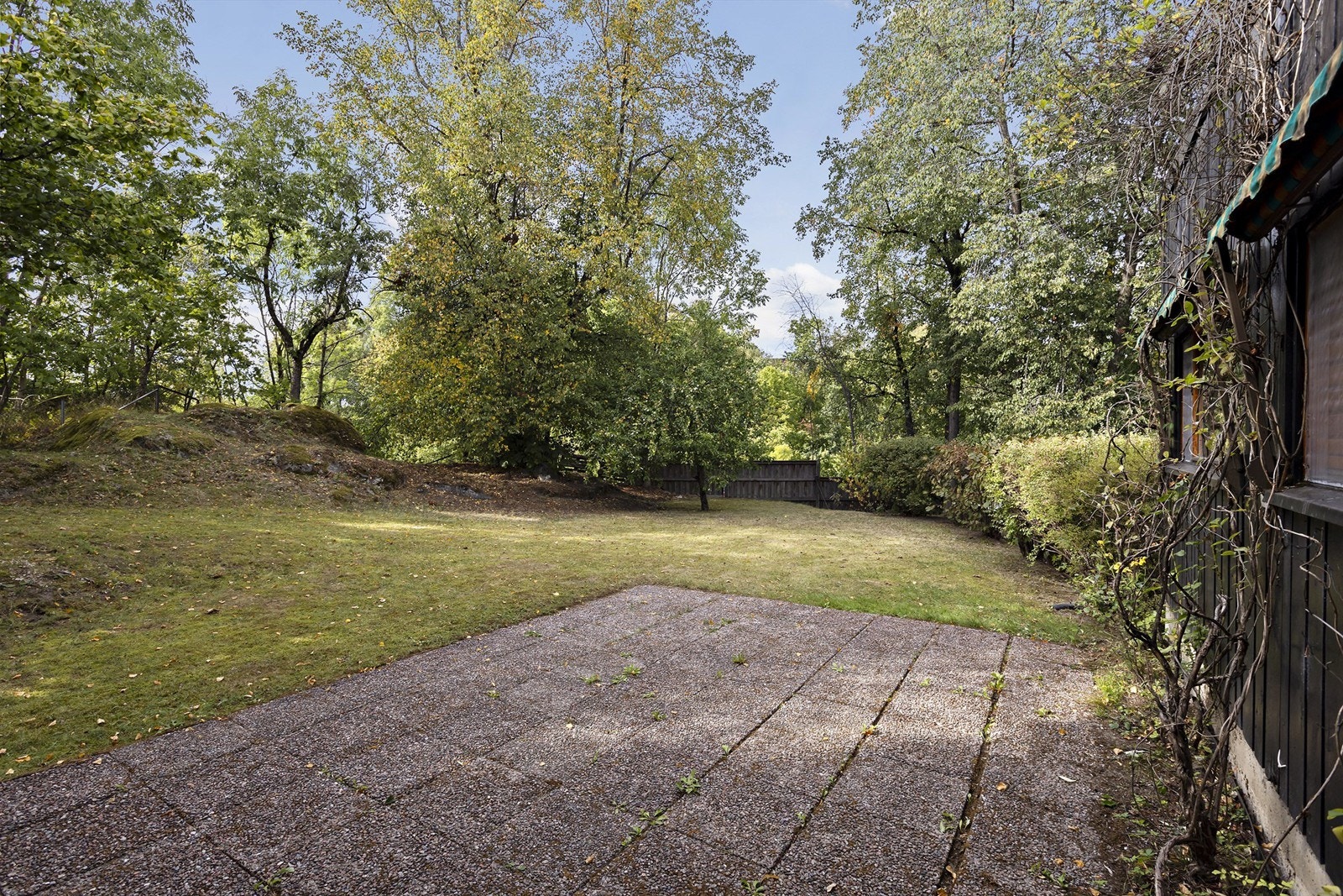 Innholdsrik hage med variert terreng og bl.a. epletre, en blomstrende hegg som dufter godt i sommerhalvåret, klematisbusker og et naturlig kompostareale for hageavfall. Galleribilde