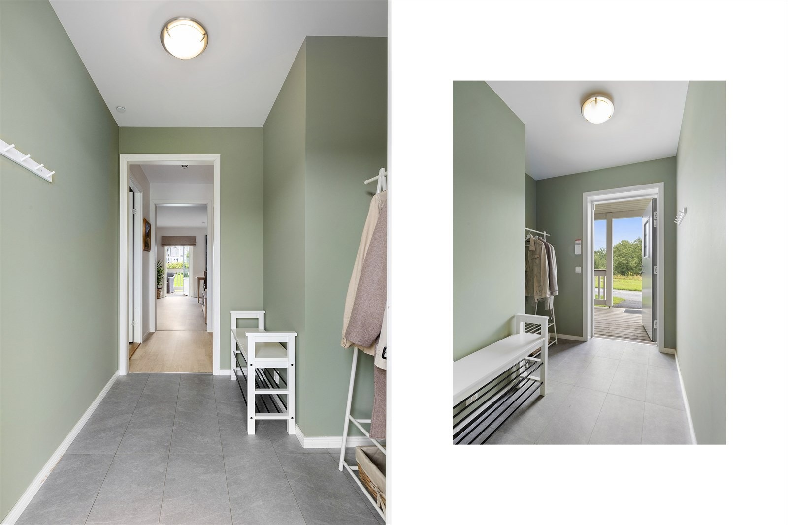 Lys og romslig flislagt entré med god plass til å henge ifra seg yttertøyet og til å sette fra seg sko. Galleribilde