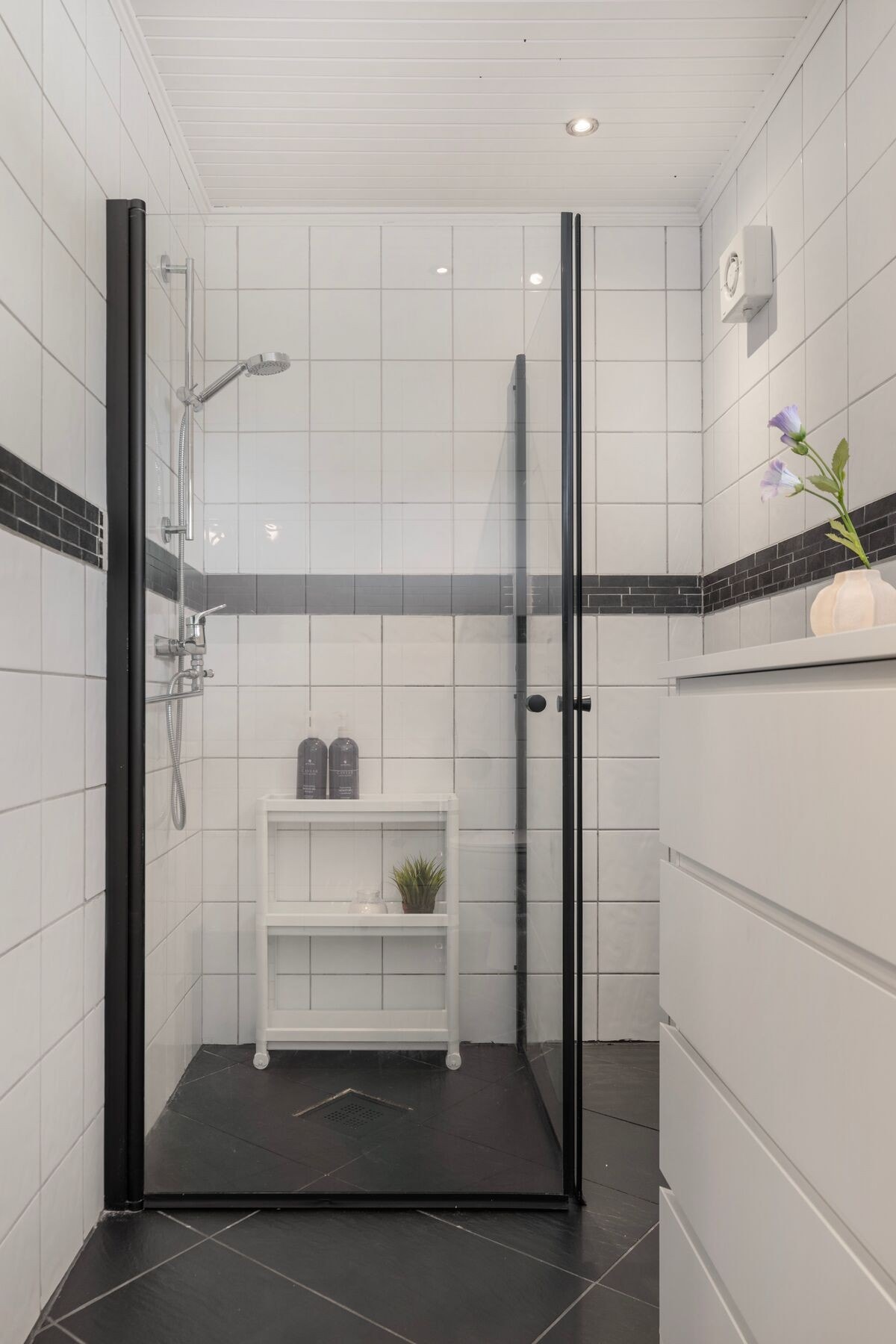 Badet er utstyrt med baderomsinnredning, dusjplass og toalett Galleribilde