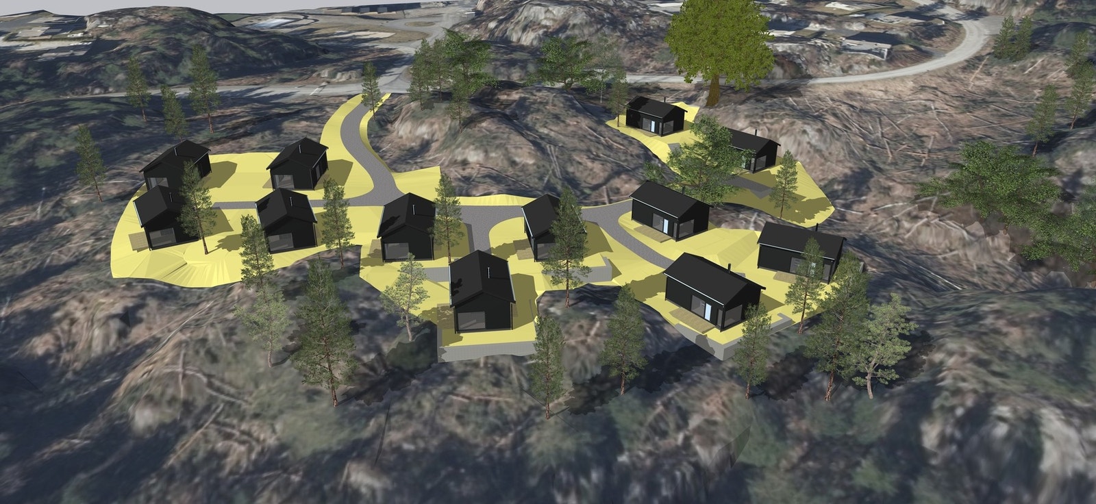 Selger har tegnet opp ett alternativ innenfor den godkjente reguleringsplanen der det er plassert 12 frittliggende hytter tilpasset terrenget. Galleribilde
