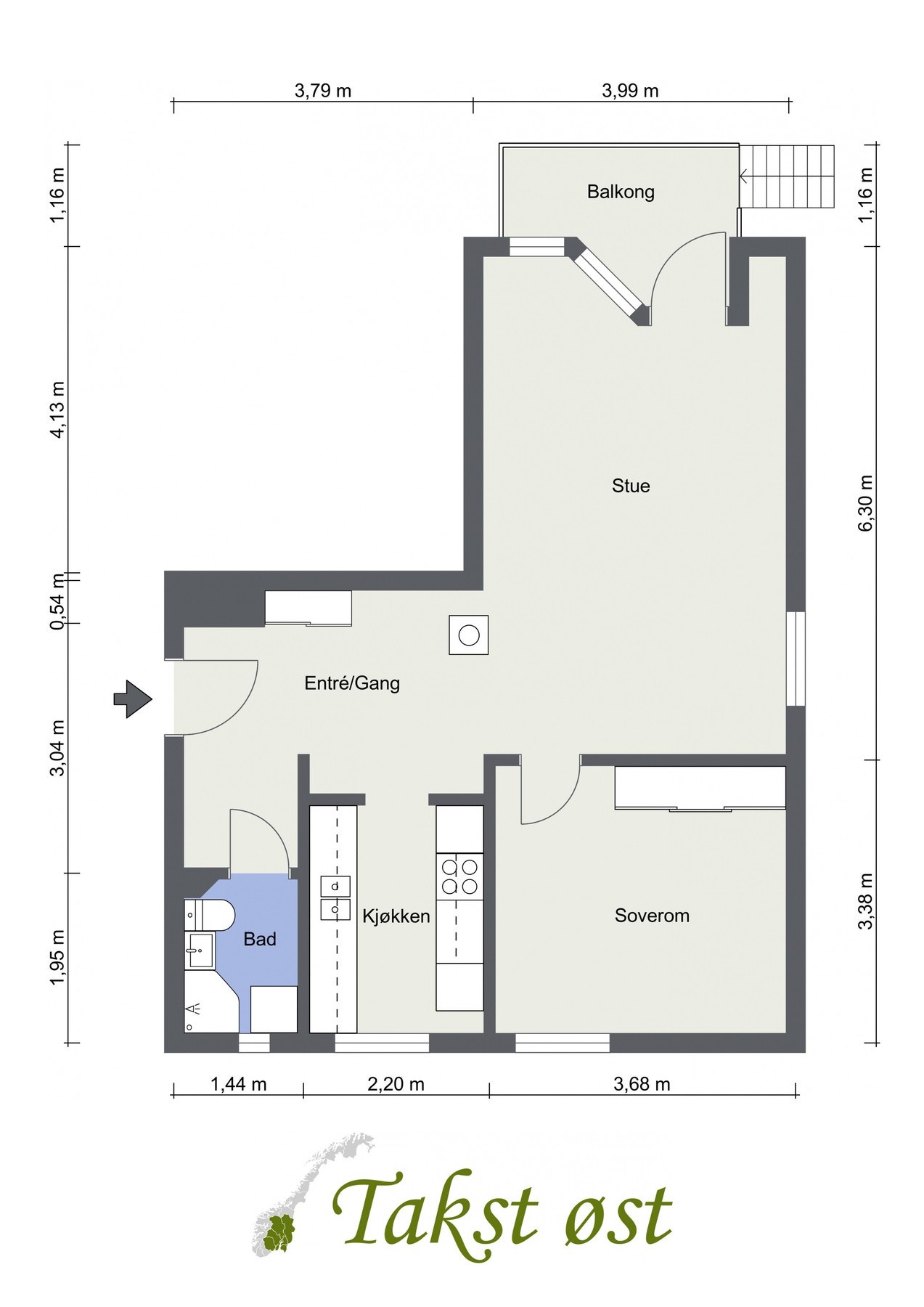 Plantegning. I tillegg disponerer leiligheten 3 eksterne boder. Galleribilde